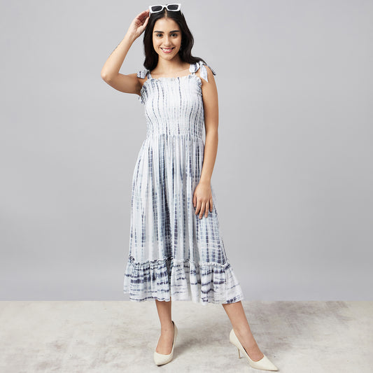 Indigo Tie-Dye Smocking Midi Dress