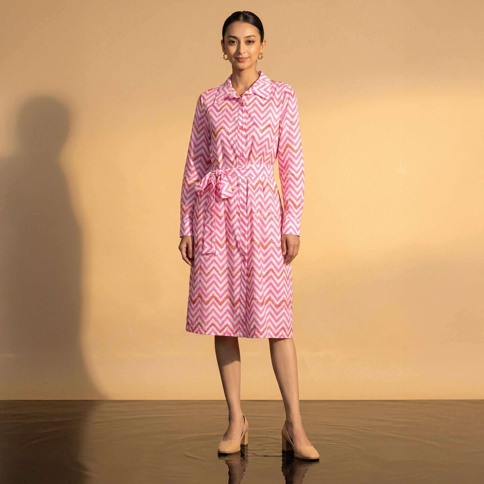 Pink Zig-Zag Print Dress for Women – Embroidered | First Resort by Ramola Bachchan