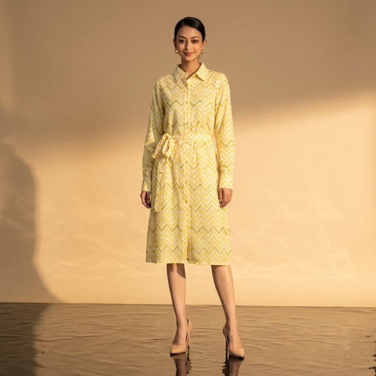 Yellow Zig-Zag Print Dress for Women – Embroidered | First Resort by Ramola Bachchan