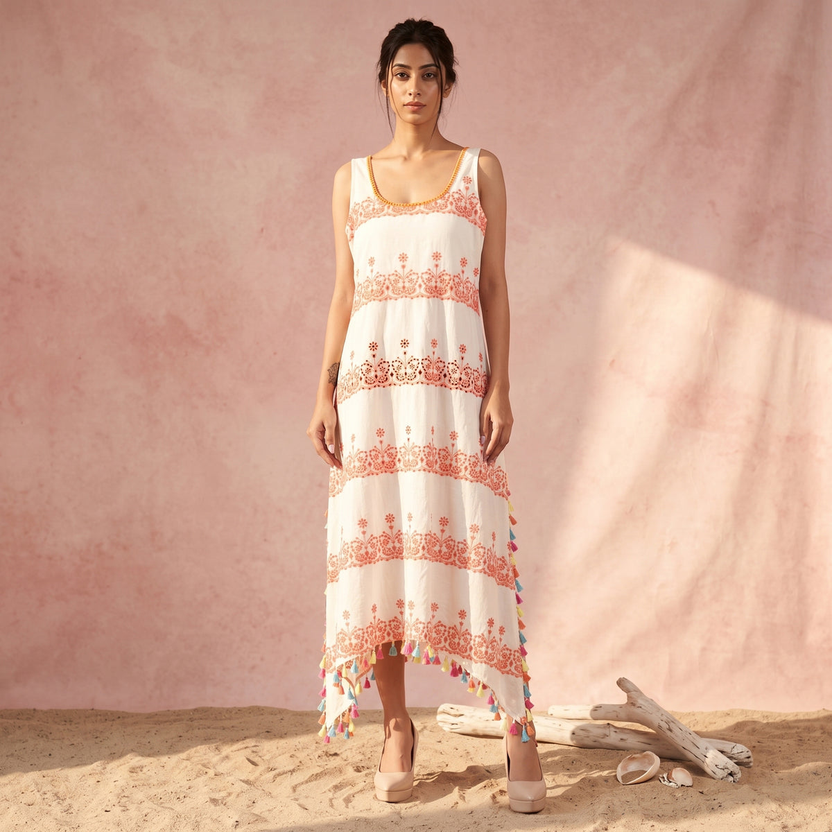 White And Neon Orange Dress for Women – Cotton Eyelet | First Resort by Ramola Bachchan