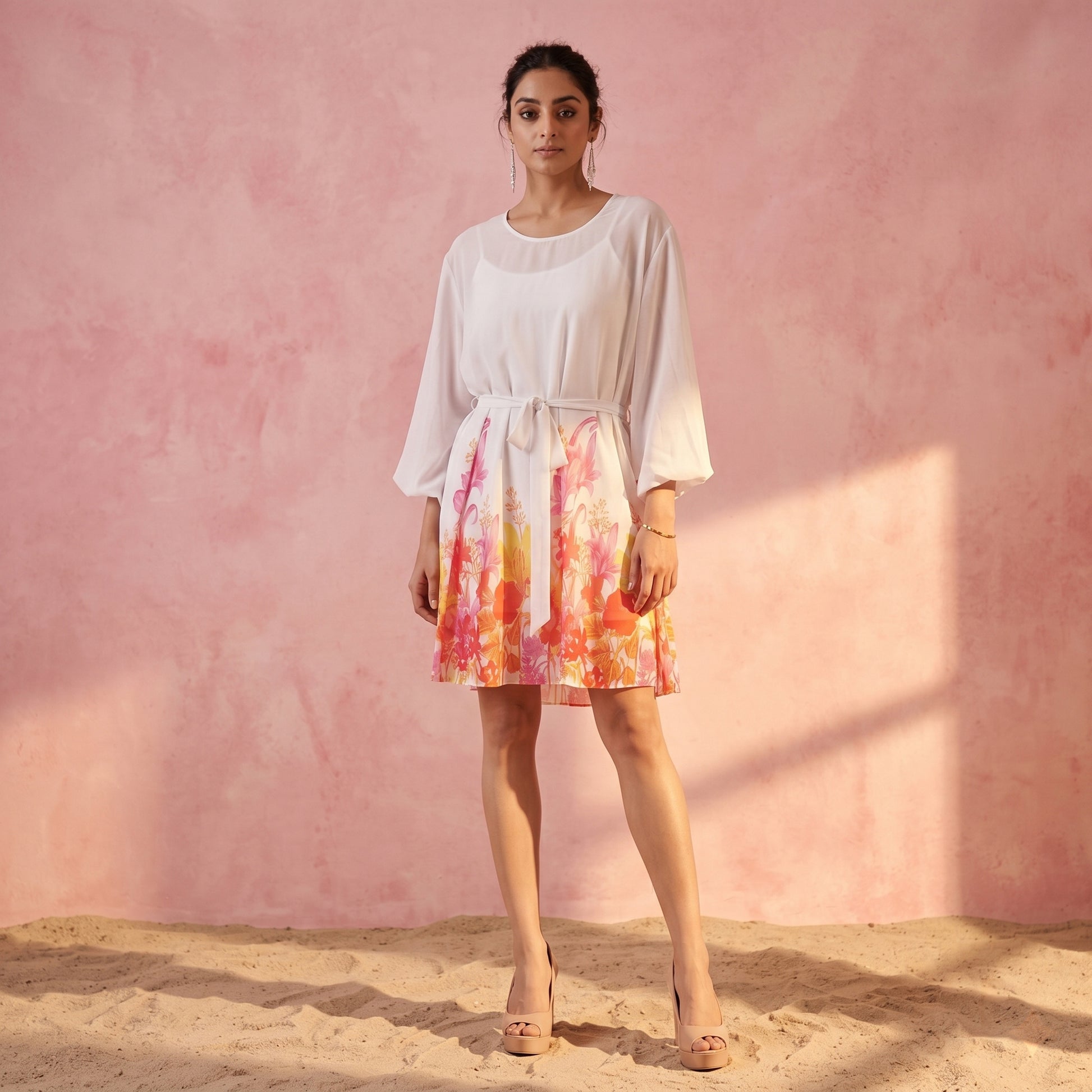 Pink And Red Floral Print Dress for Women – Polyester Georgette | First Resort by Ramola Bachchan