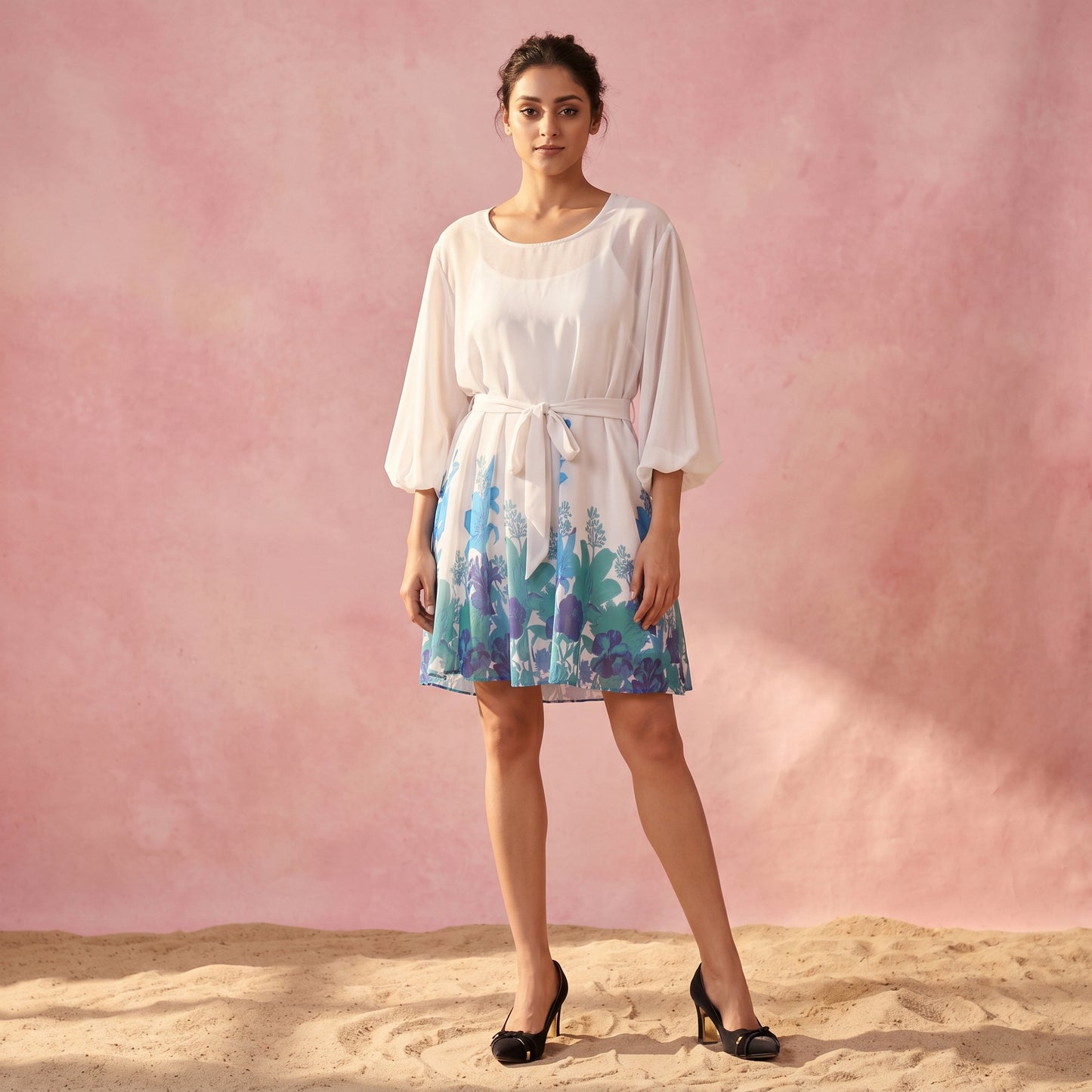 Teal And Blue Floral Print Dress for Women – Polyester Georgette | First Resort by Ramola Bachchan