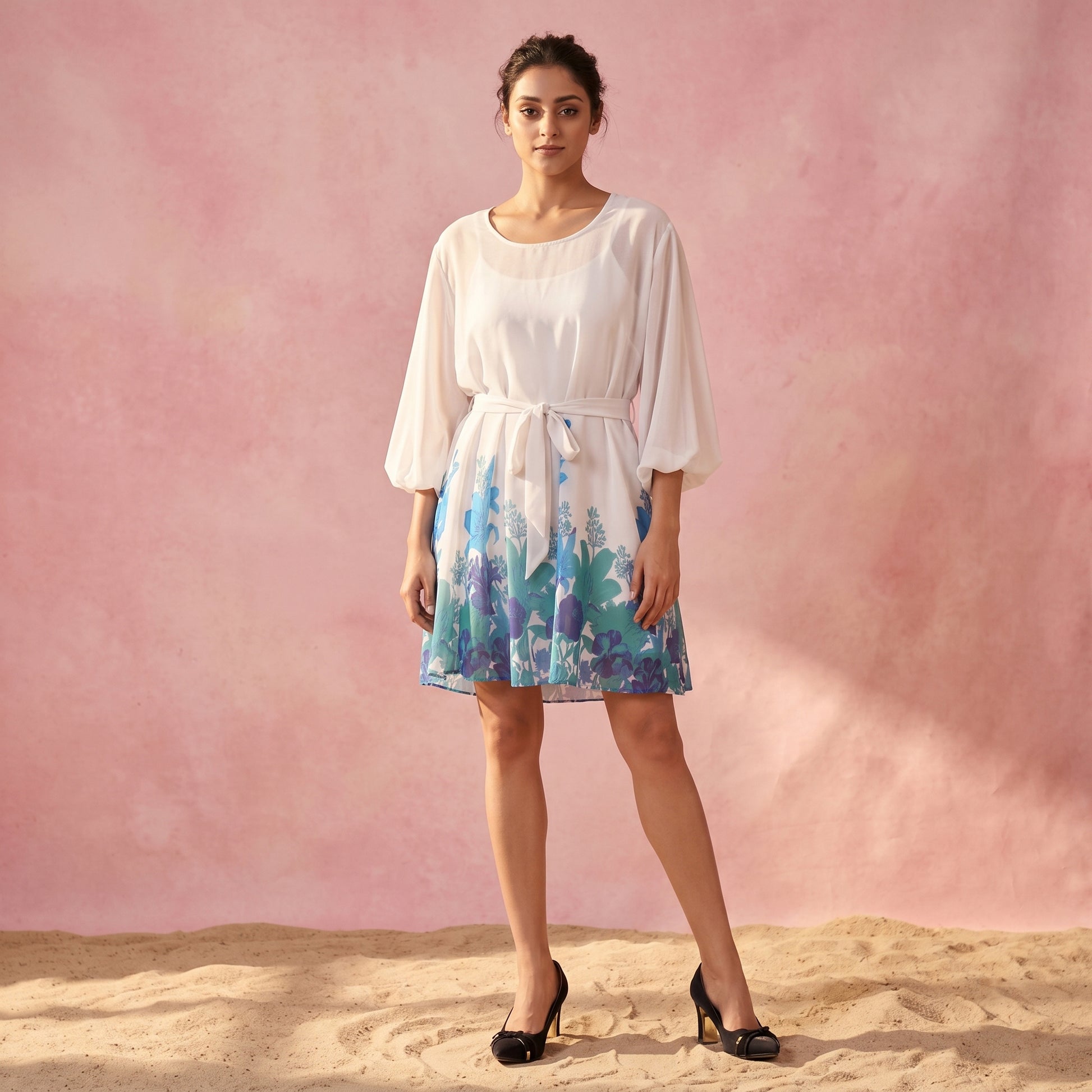Teal And Blue Floral Print Dress for Women – Polyester Georgette | First Resort by Ramola Bachchan