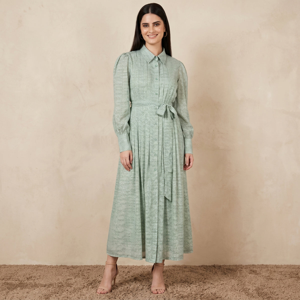 Green And White Chevron Print Dress for Women – Cotton Modal | First Resort by Ramola Bachchan