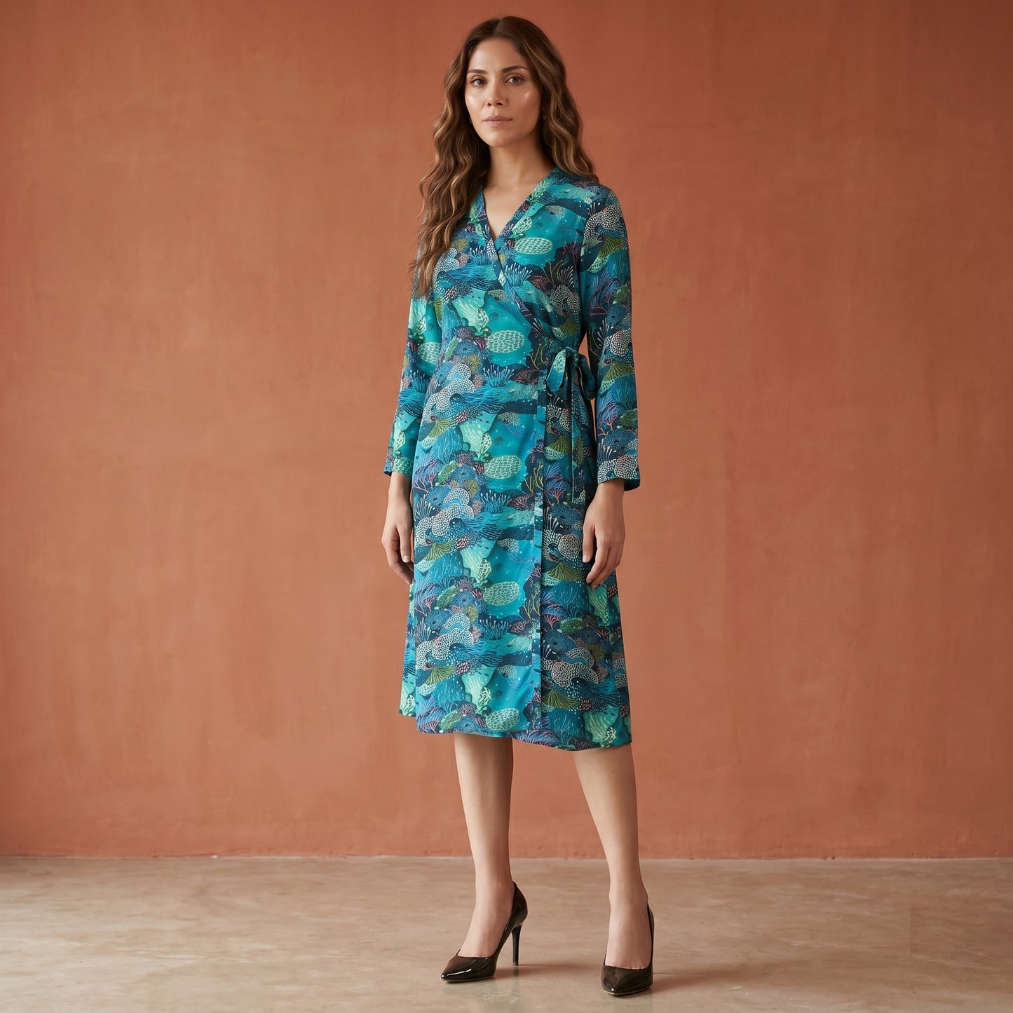 Blue And Green Sea Jungle Print Dress for Women – Viscose Crepe | First Resort by Ramola Bachchan