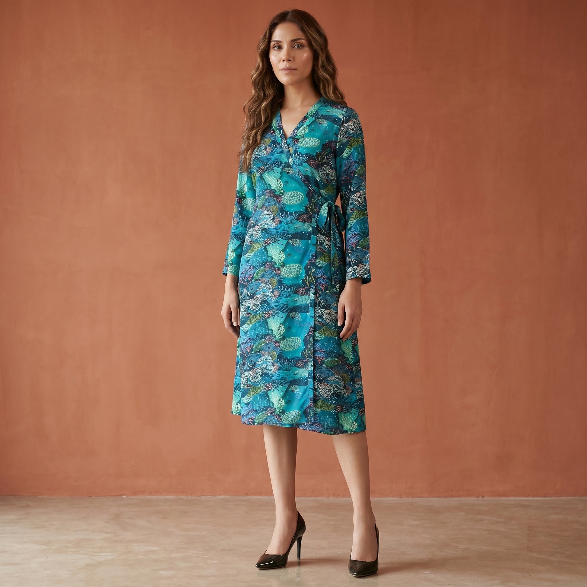 Blue And Green Sea Jungle Print Dress for Women – Viscose Crepe | First Resort by Ramola Bachchan