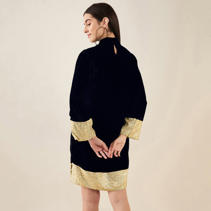 Black Silk Velvet Dress with Gold Sequin Border