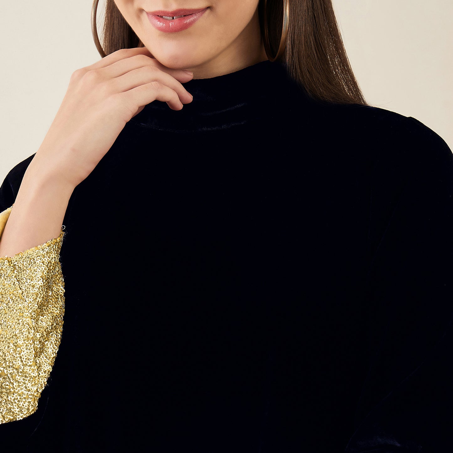 Black Silk Velvet Dress with Gold Sequin Border