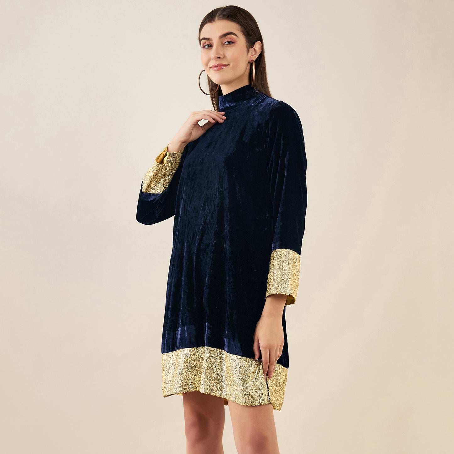 Blue Silk Velvet Dress with Gold Sequin Border