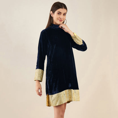 Blue Silk Velvet Dress with Gold Sequin Border