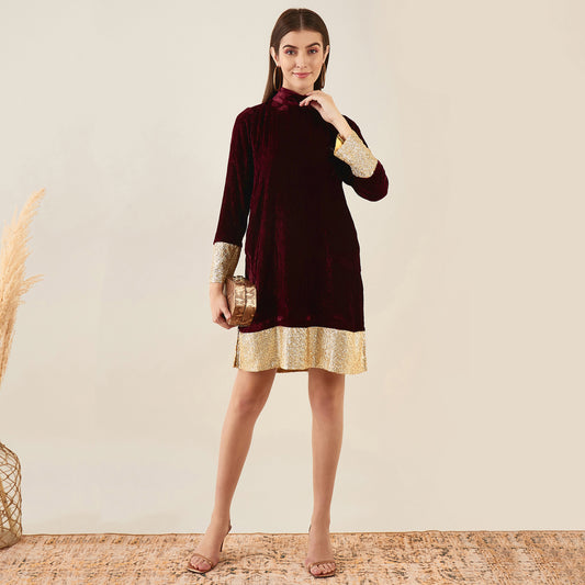 Maroon Silk Velvet Dress with Gold Sequin Border