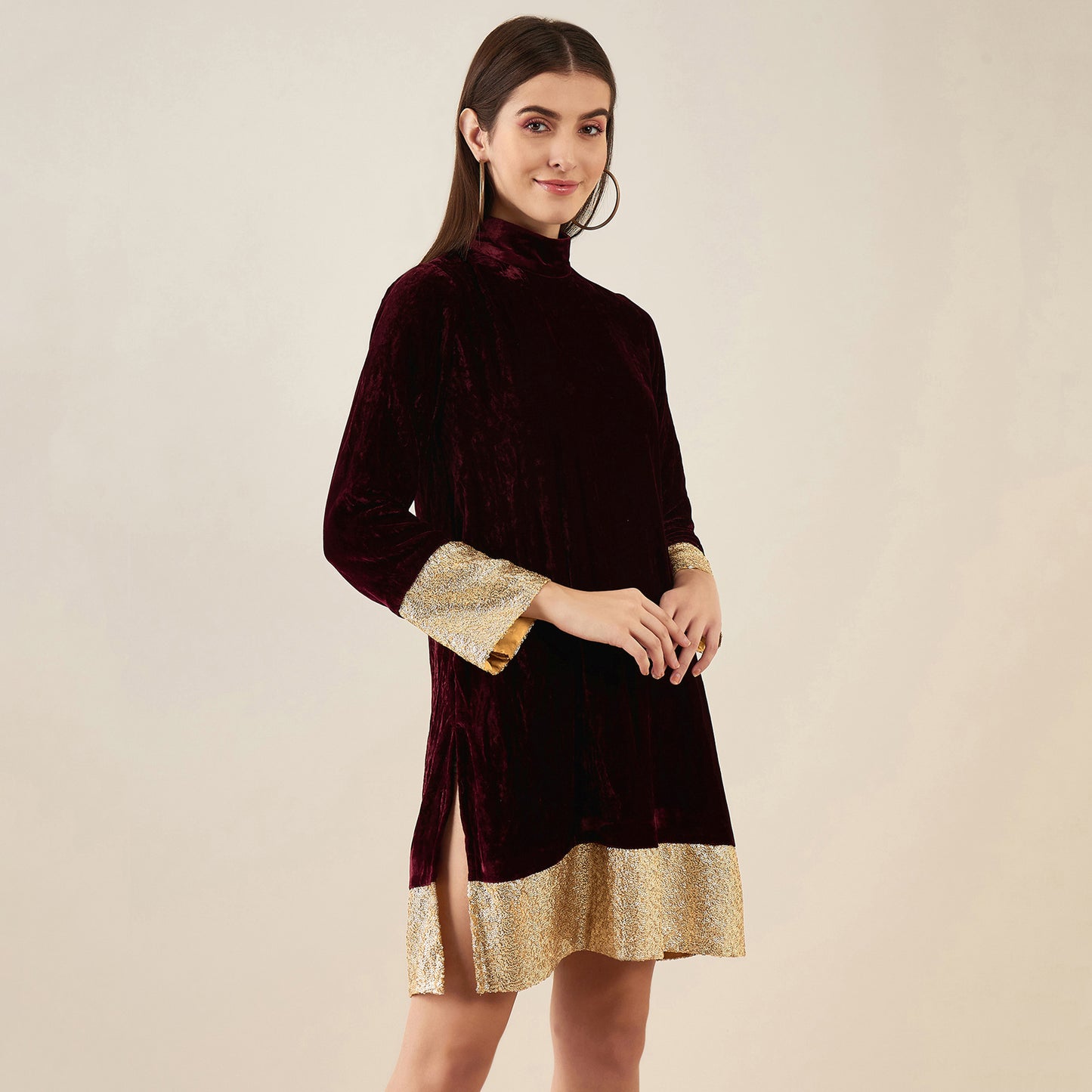 Maroon Silk Velvet Dress with Gold Sequin Border
