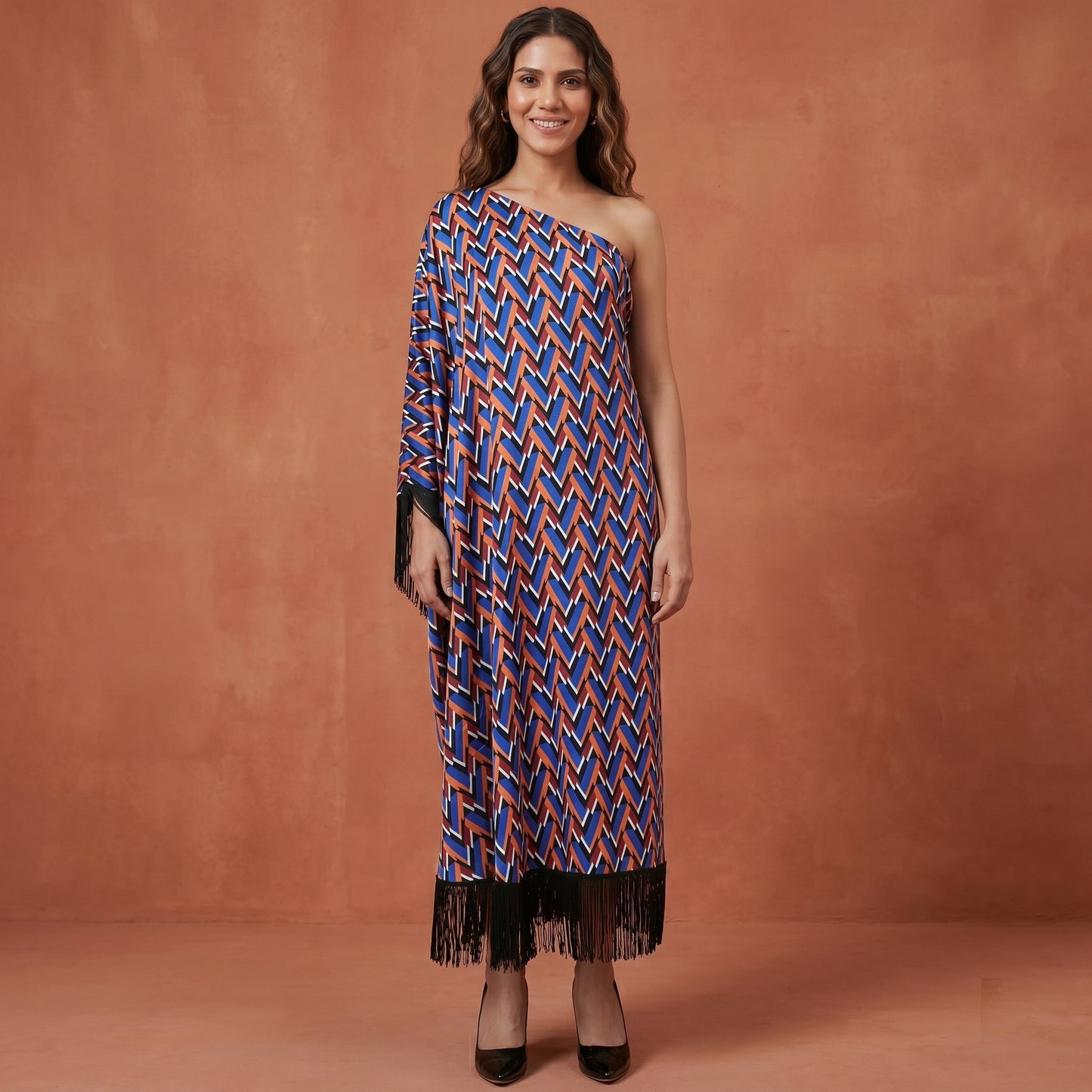 Blue And Mustard Geometric Print Dress for Women – Polyester Satin | First Resort by Ramola Bachchan