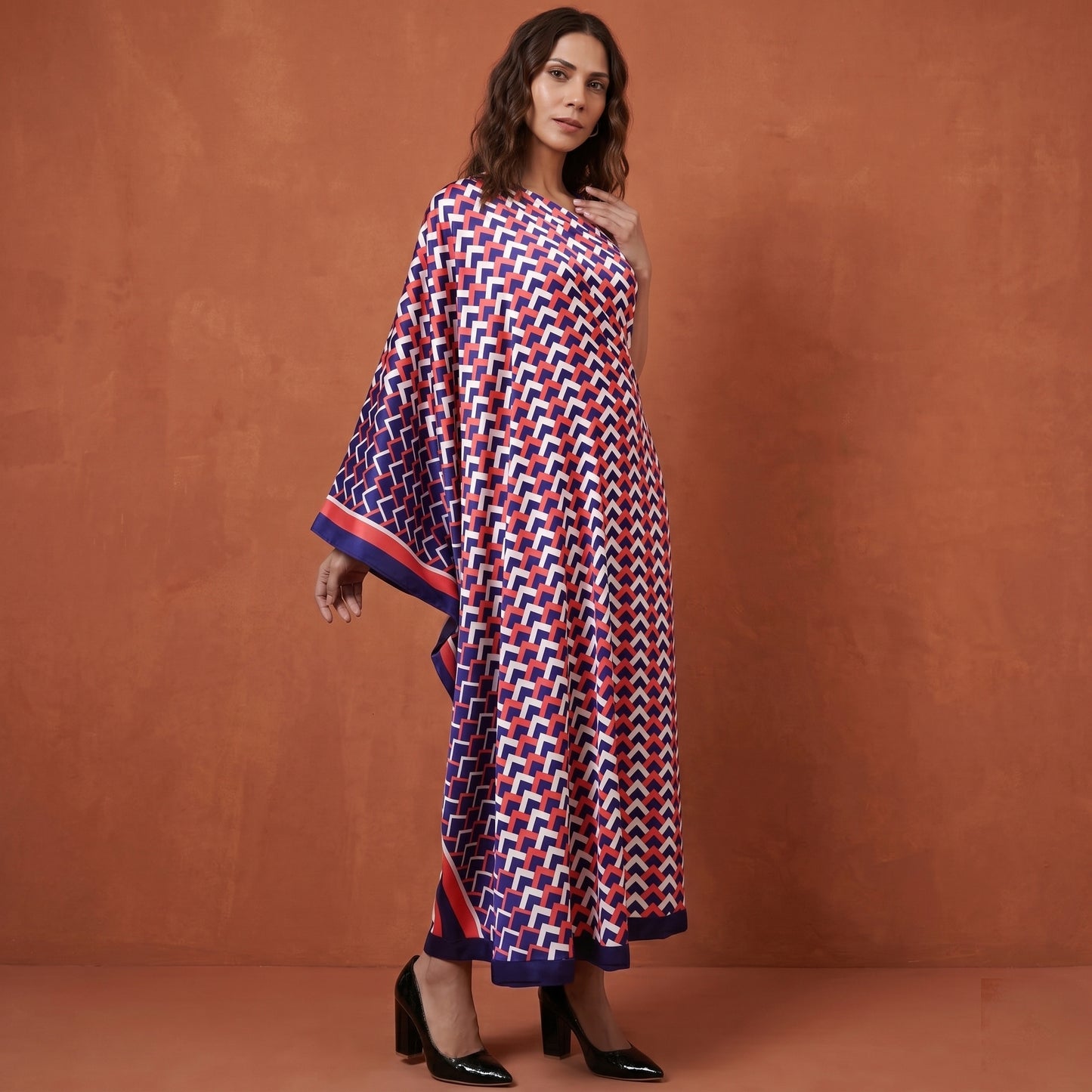 Coral Pink And Blue Geometric Print Dress for Women – Polyester Satin | First Resort by Ramola Bachchan