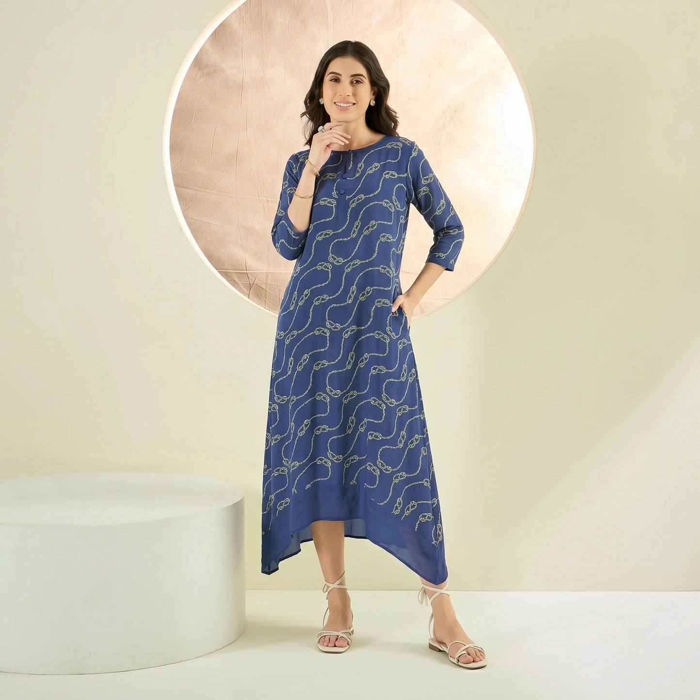 Blue And Green Marine Rope Knot Print Dress for Women – Viscose Crepe | First Resort by Ramola Bachchan