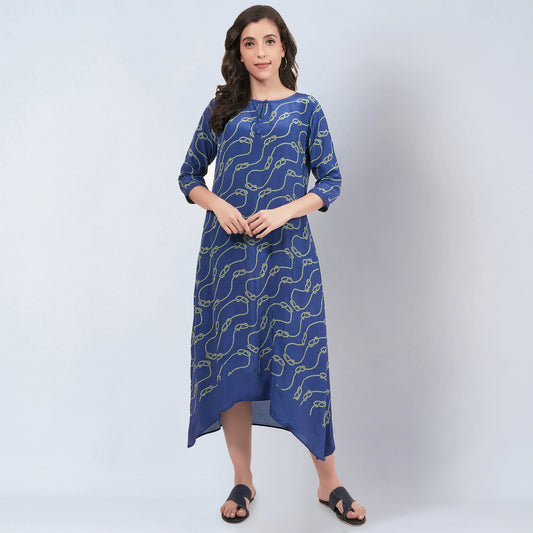 Blue and Green Marine Rope Knot Printed Slimline Kaftan Dress