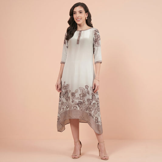 Grey And Beige Floral Print Dress for Women – Viscose Crepe | First Resort by Ramola Bachchan
