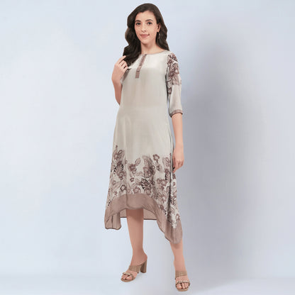 Grey and Beige Floral Printed Slimline Kaftan Dress