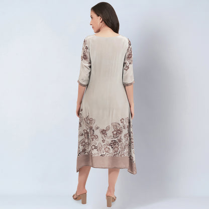 Grey and Beige Floral Printed Slimline Kaftan Dress