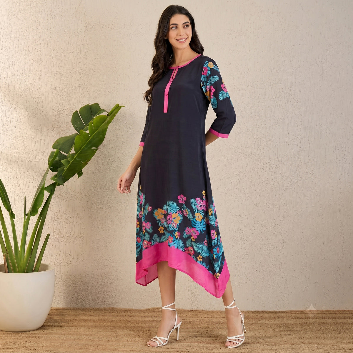 Black And Pink Floral Print Dress for Women – Viscose Crepe | First Resort by Ramola Bachchan