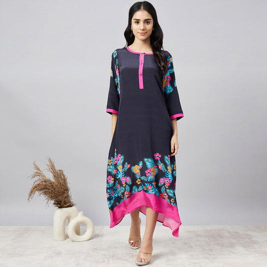 Black and Pink Floral Printed Slimline Kaftan Dress