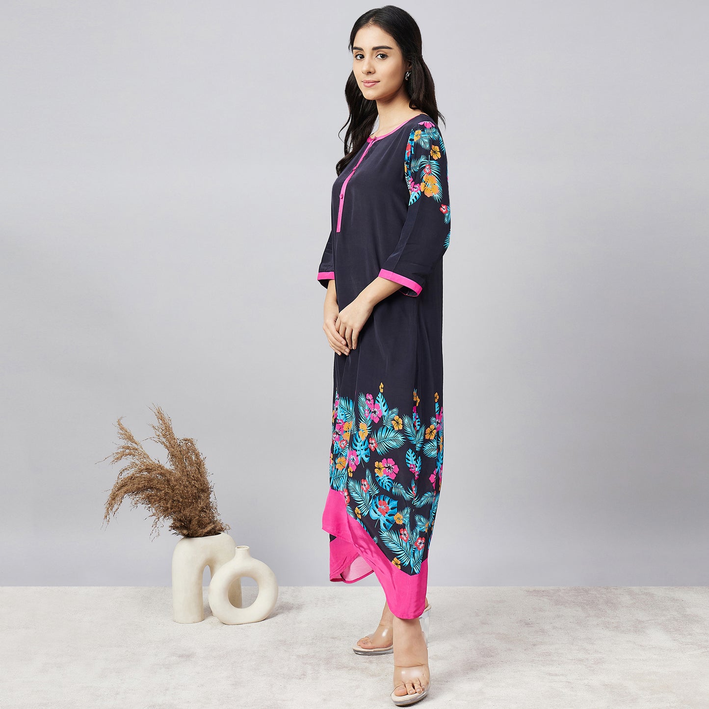 Black and Pink Floral Printed Slimline Kaftan Dress