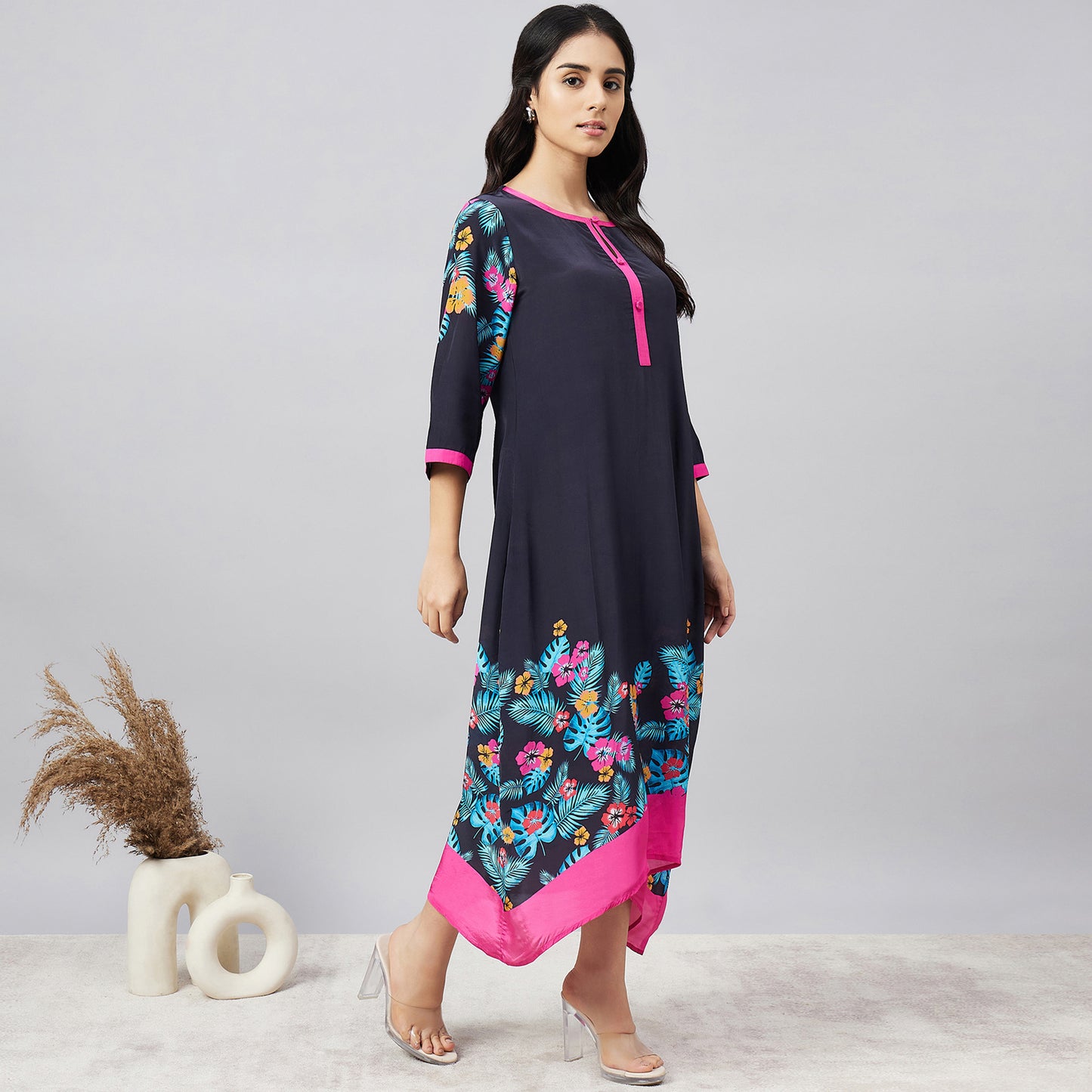 Black and Pink Floral Printed Slimline Kaftan Dress
