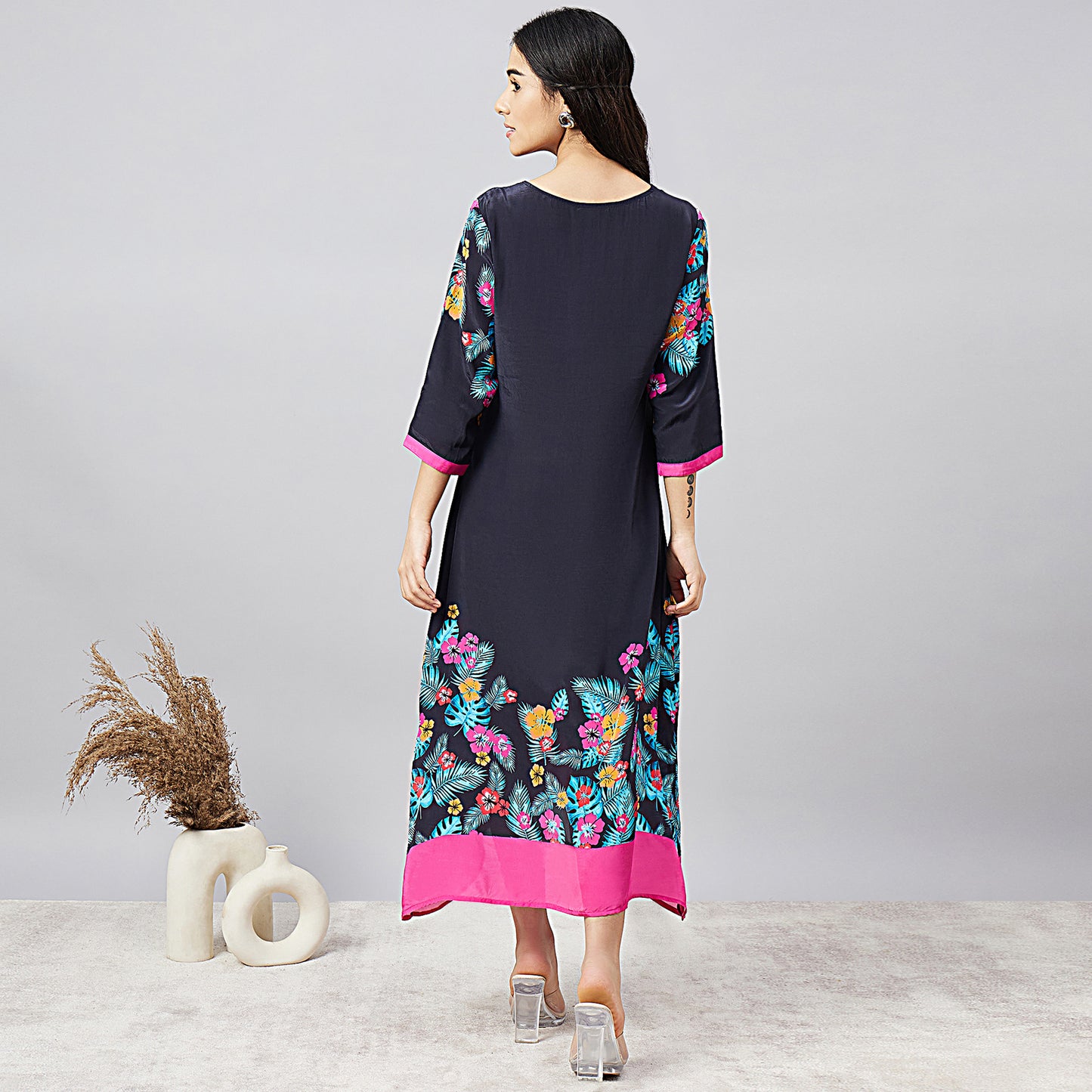 Black and Pink Floral Printed Slimline Kaftan Dress