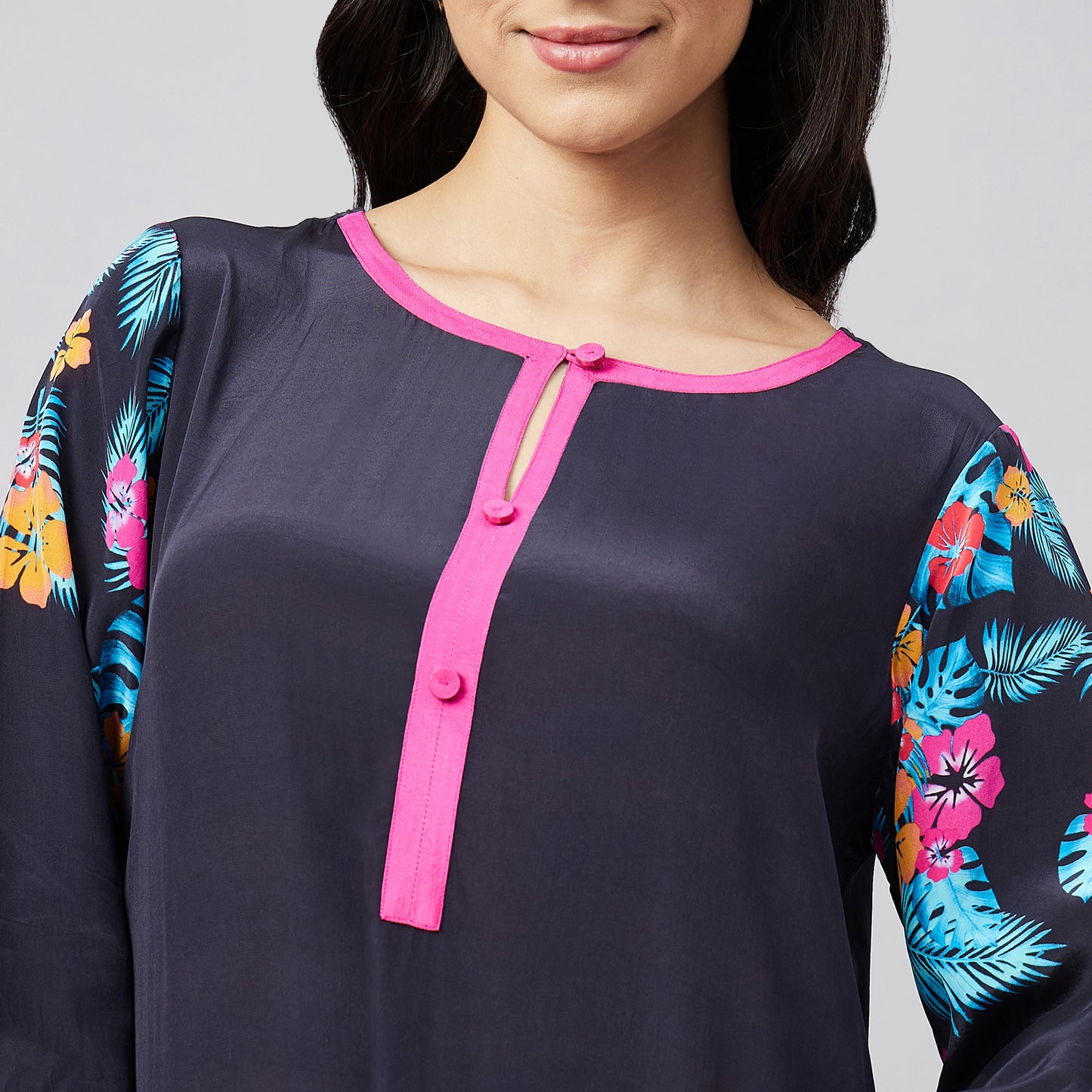 Black and Pink Floral Printed Slimline Kaftan Dress