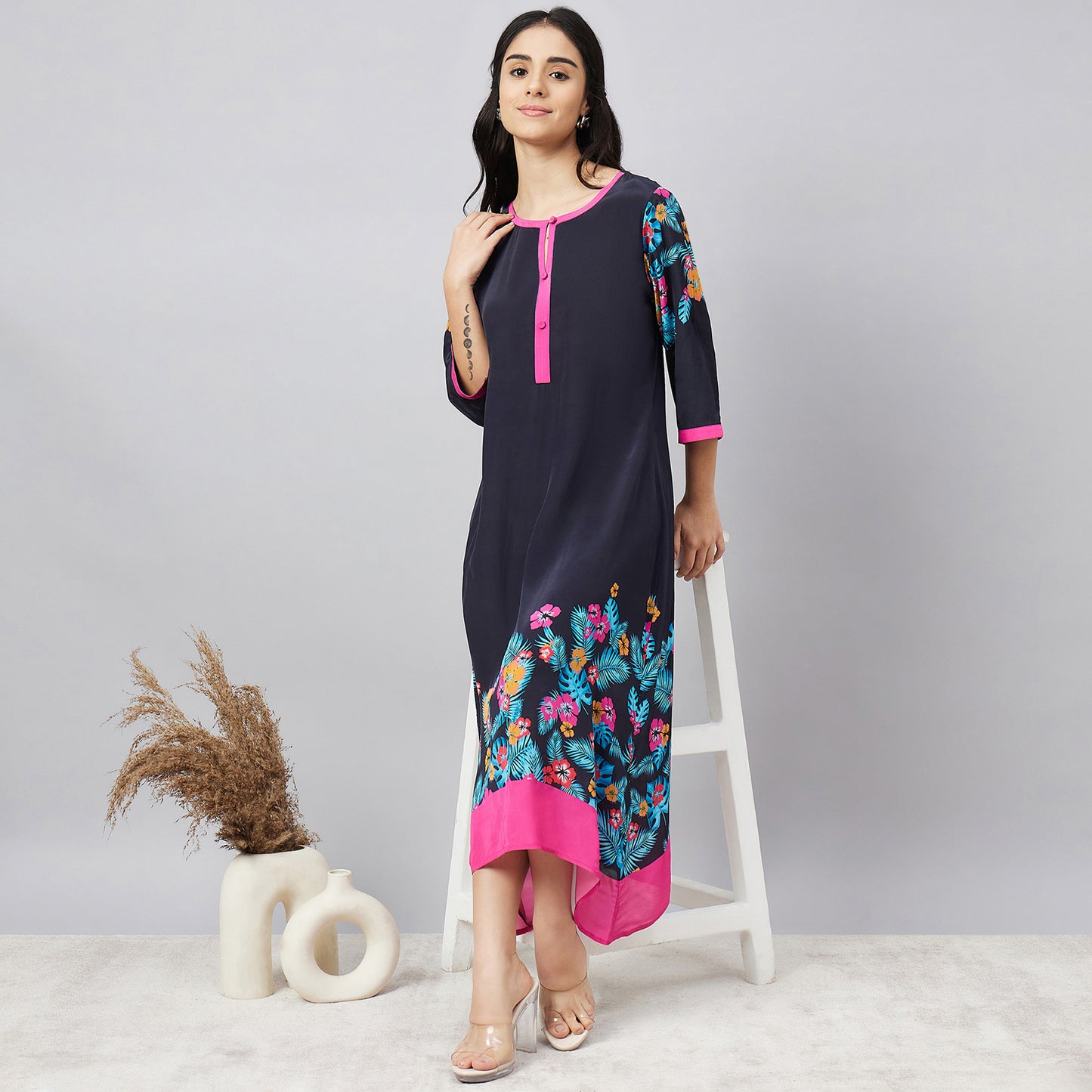 Black and Pink Floral Printed Slimline Kaftan Dress