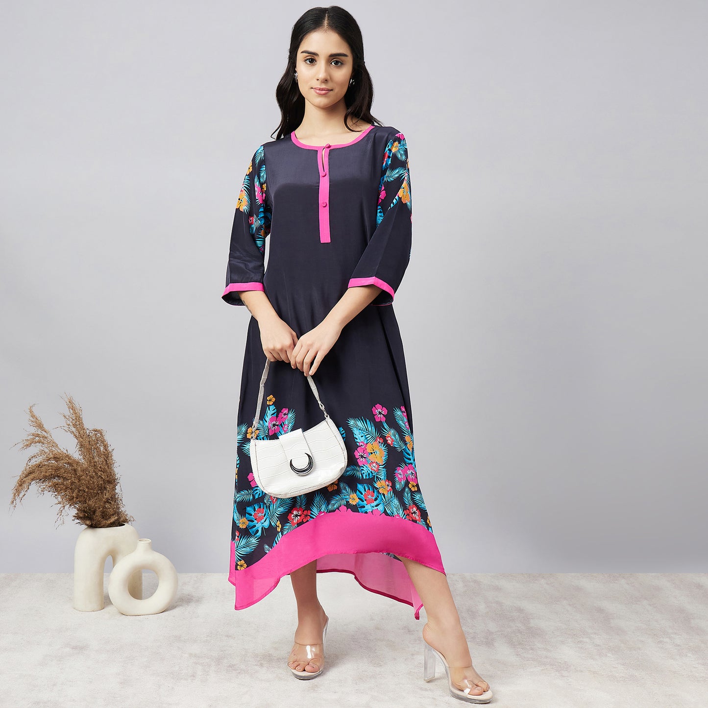 Black and Pink Floral Printed Slimline Kaftan Dress
