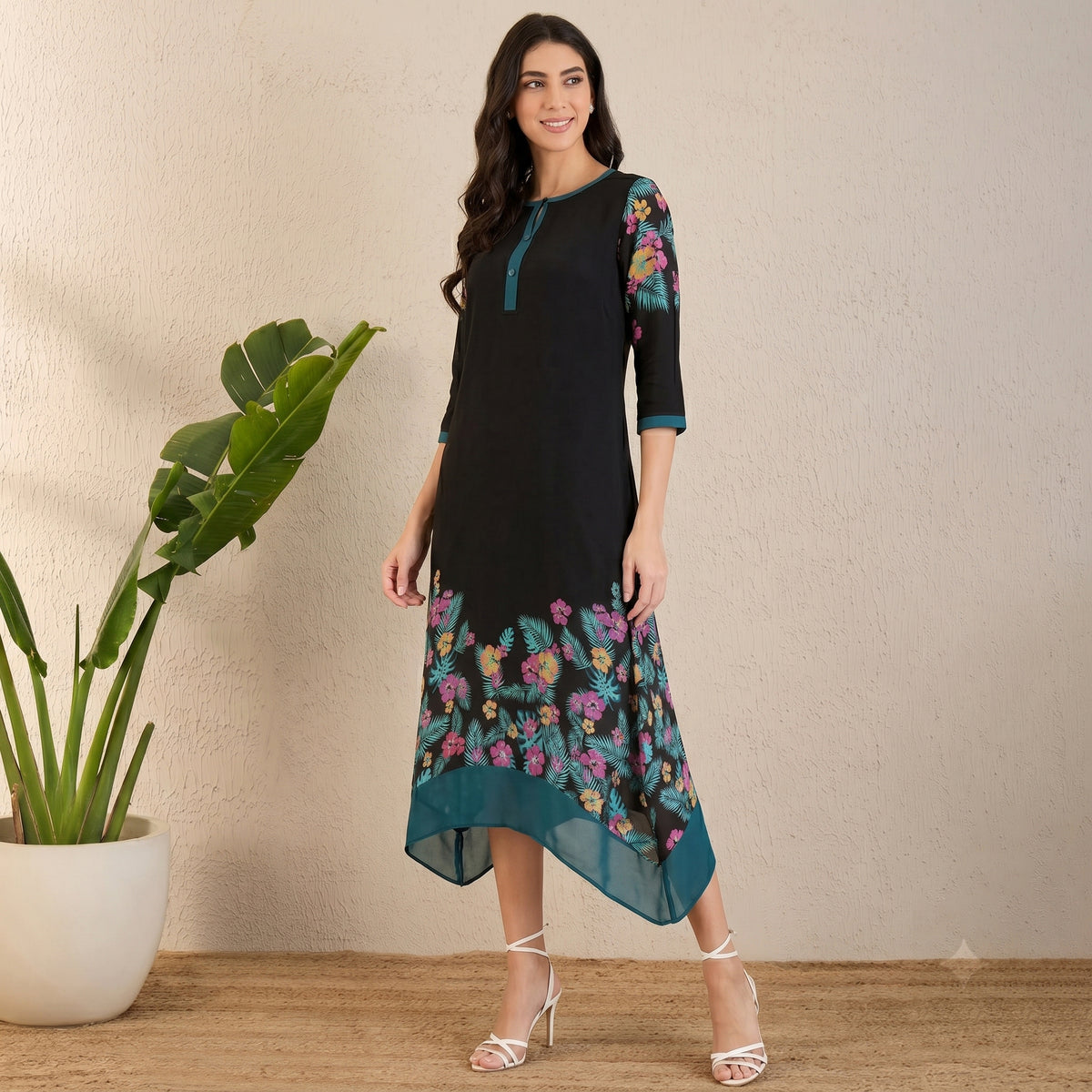 Black And Yellow Floral Print Dress for Women – Viscose Crepe | First Resort by Ramola Bachchan
