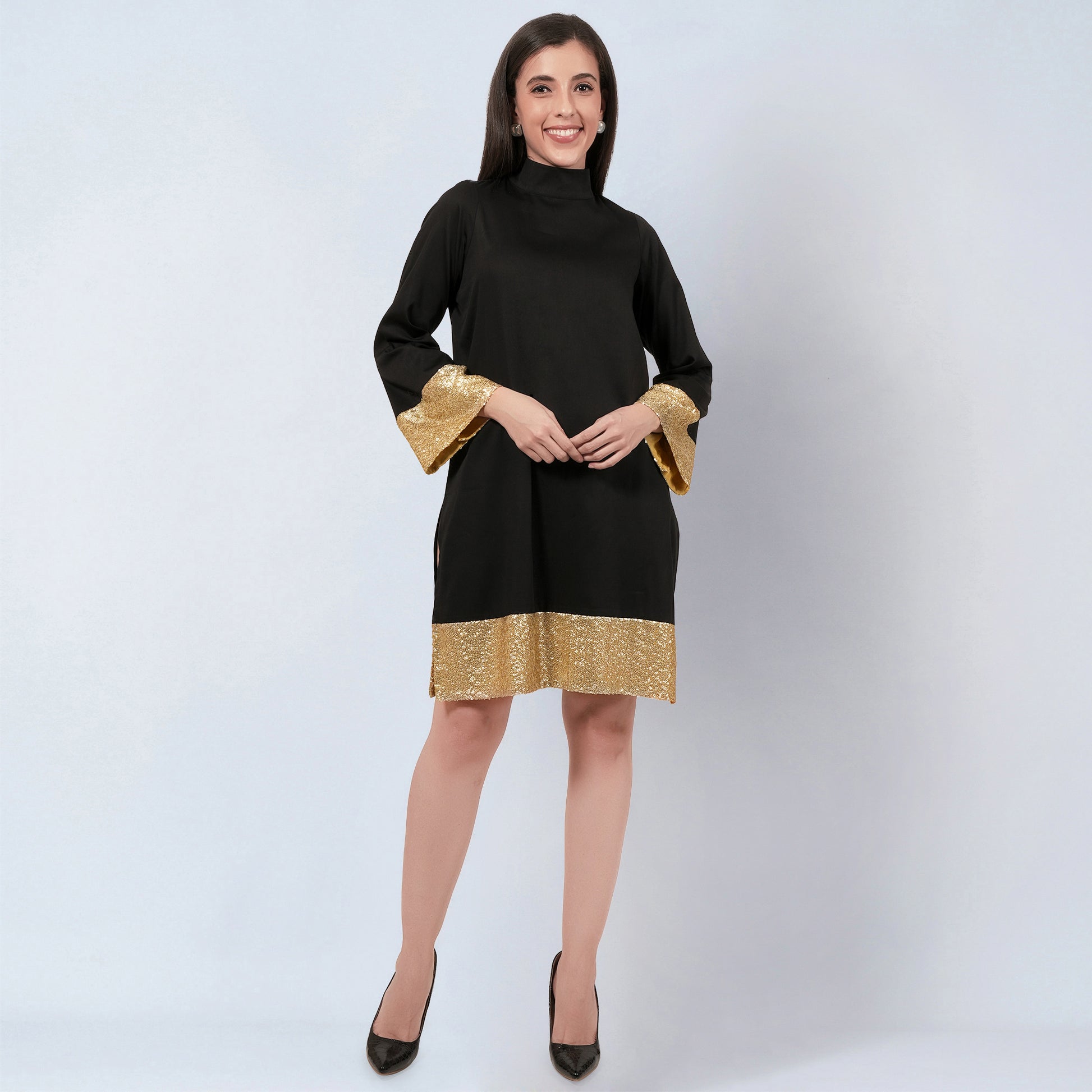 Black Cotton Satin Tunic Dress with | First Resort by Ramola Bachchan Black Cotton Satin Tunic Dress with | First Resort by Ramola Bachchan