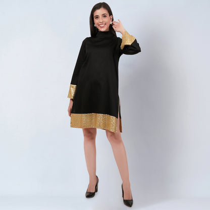 Black Cotton Satin Tunic Dress with Gold Sequin Border