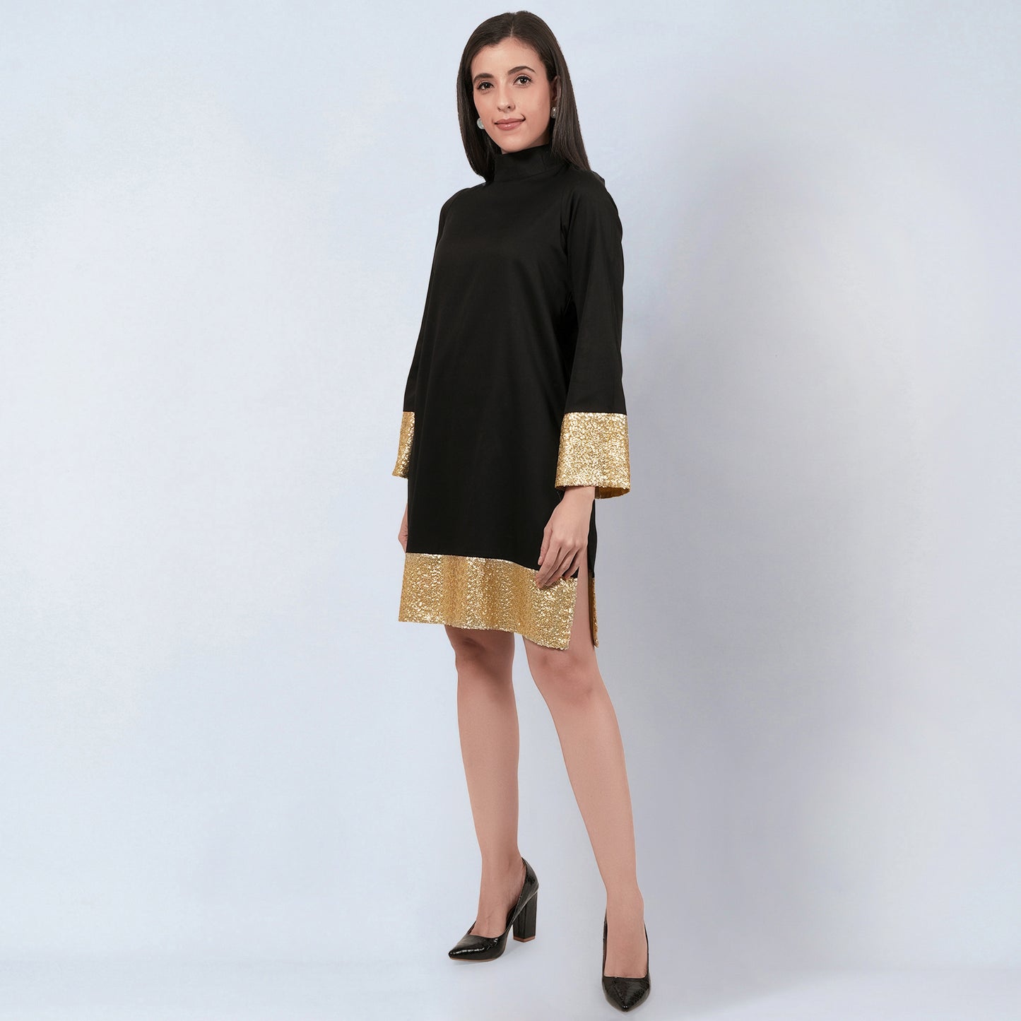 Black Cotton Satin Tunic Dress with Gold Sequin Border