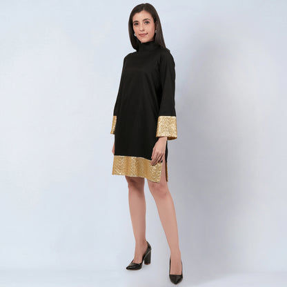 Black Cotton Satin Tunic Dress with Gold Sequin Border