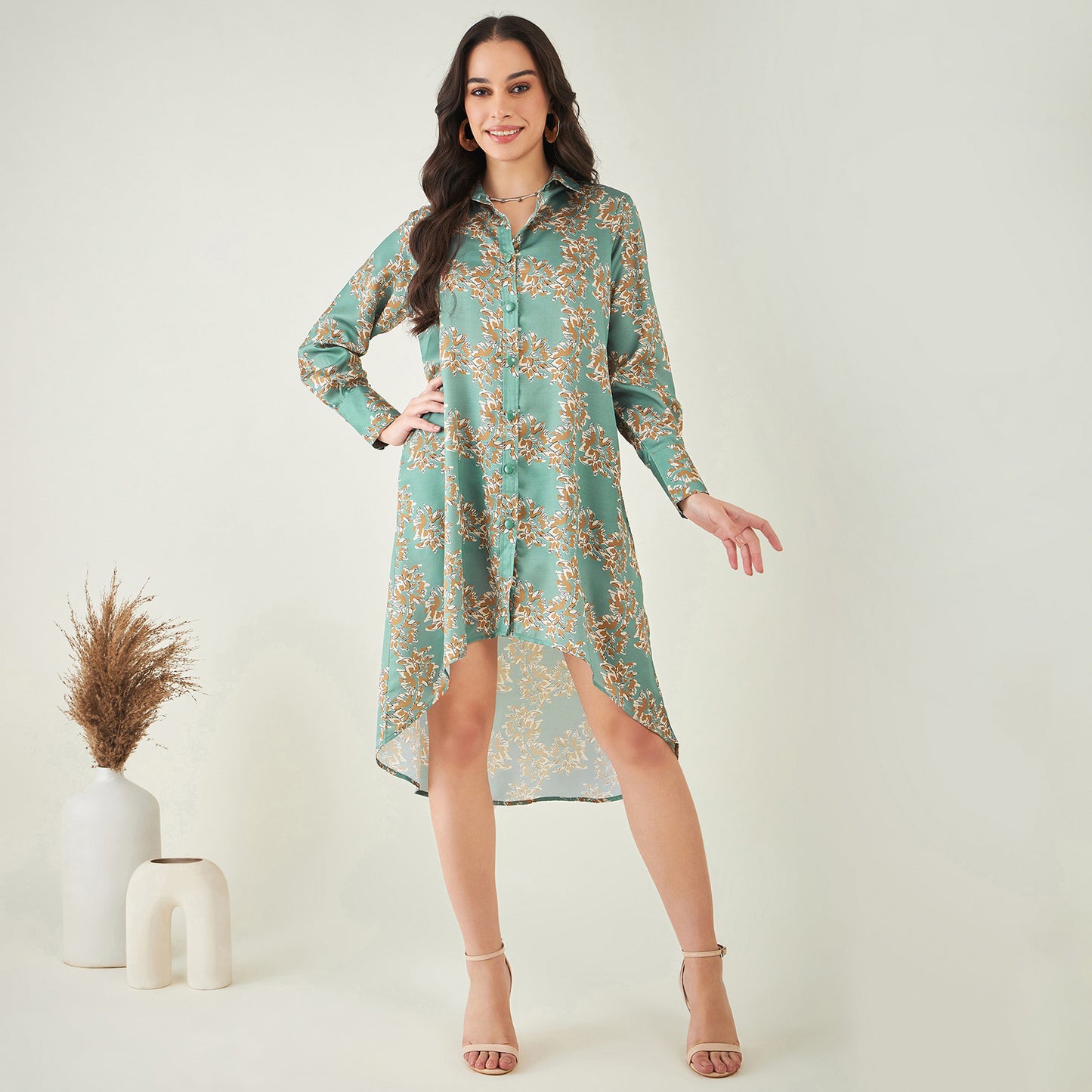 Green and Brown Floral Hi-Low Dress