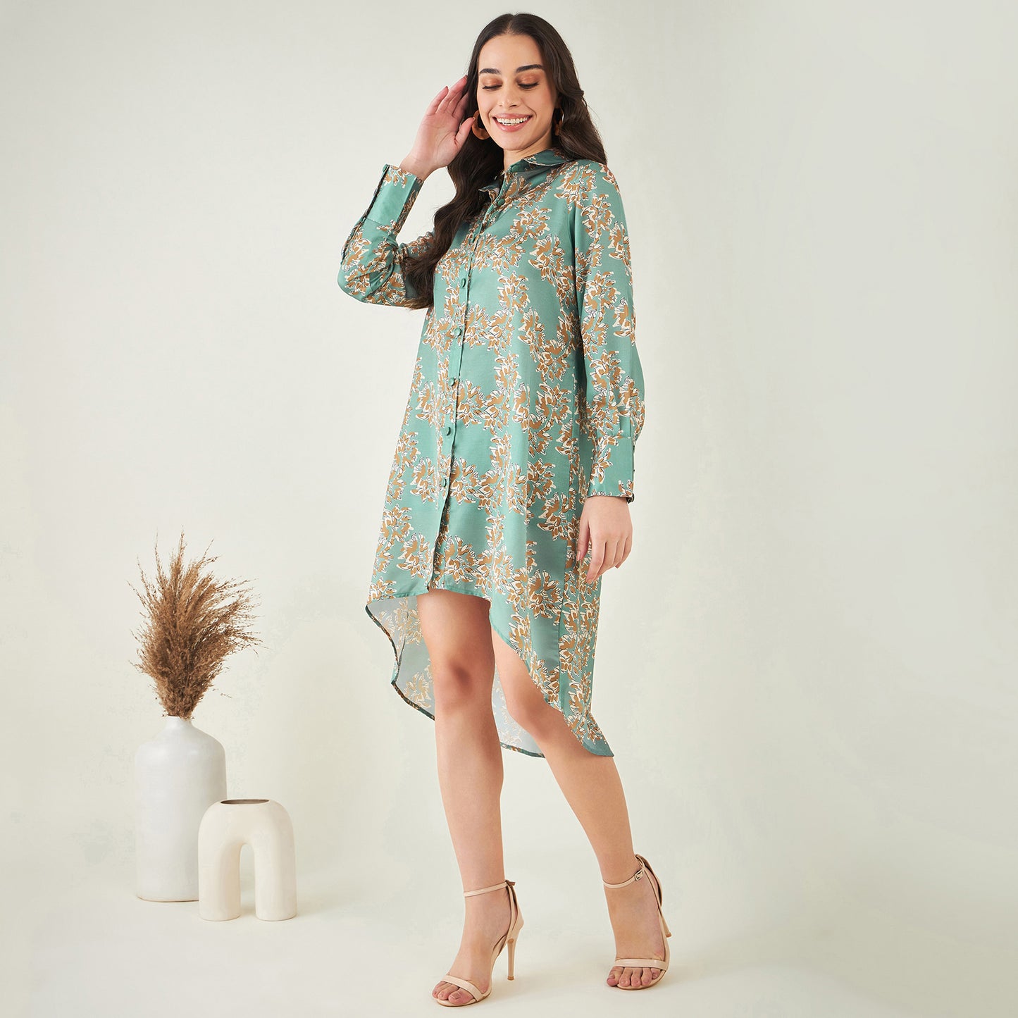 Green and Brown Floral Hi-Low Dress