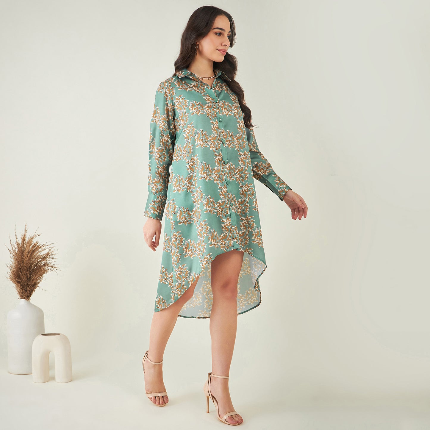 Green and Brown Floral Hi-Low Dress