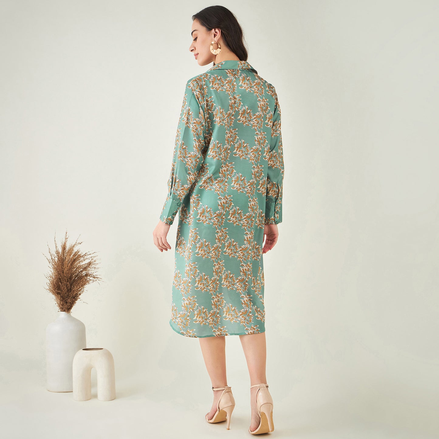 Green and Brown Floral Hi-Low Dress