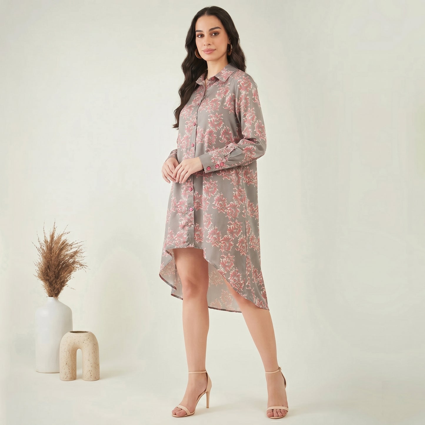 Grey And Pink Floral Print Dress for Women – Modal Satin | First Resort by Ramola Bachchan