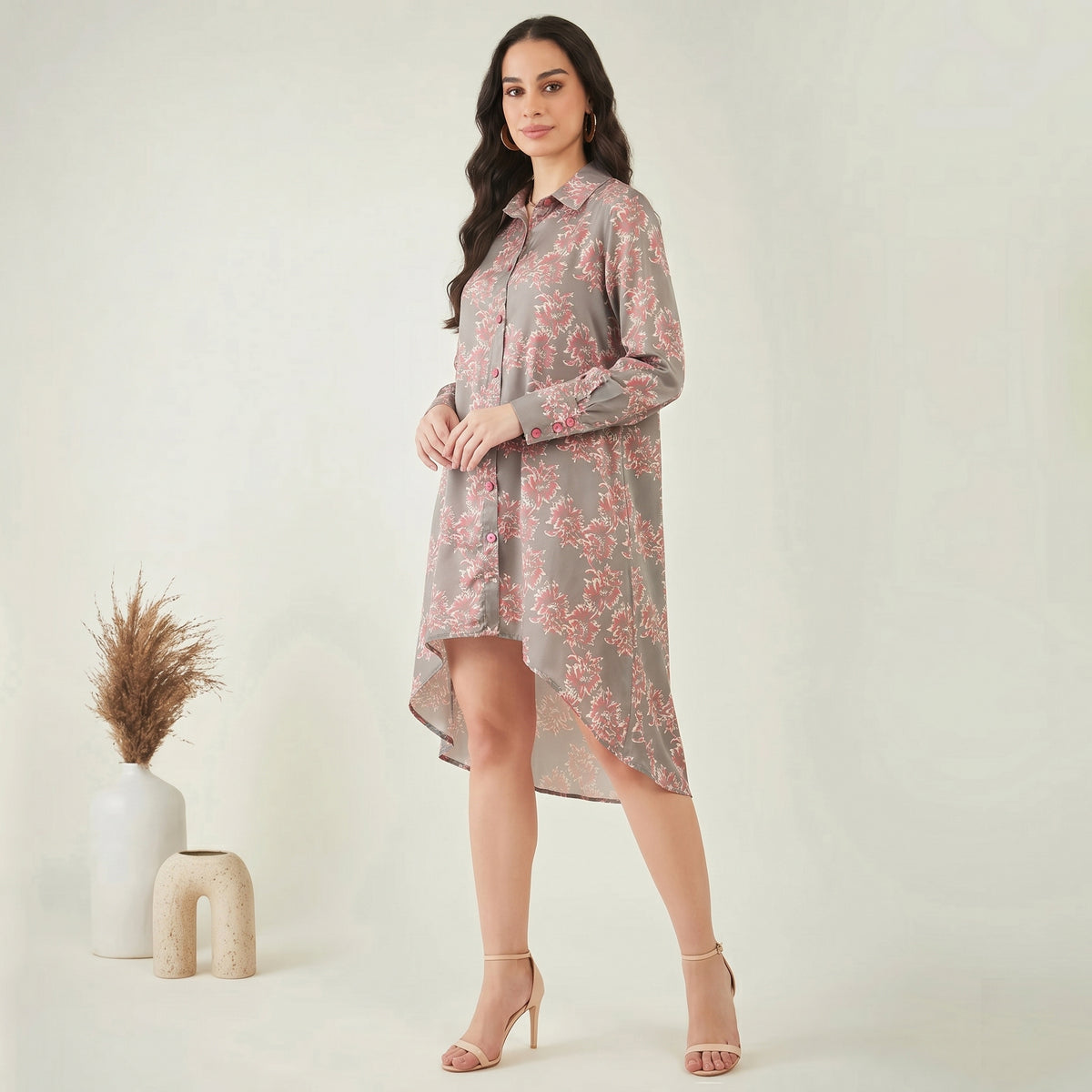 Grey And Pink Floral Print Dress for Women – Modal Satin | First Resort by Ramola Bachchan
