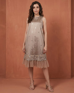 Beige Sequin Embroidered A-Line Net Dress