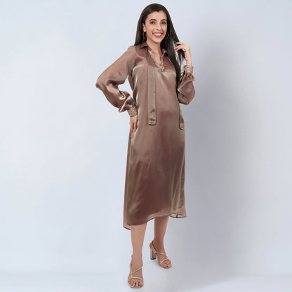 Brown A-Line Dress with Bead Lace Detail with Slip