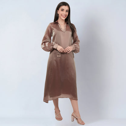 Brown A-Line Dress with Bead Lace Detail with Slip