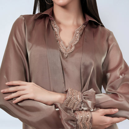 Brown A-Line Dress with Bead Lace Detail with Slip