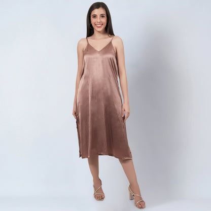 Brown A-Line Dress with Bead Lace Detail with Slip
