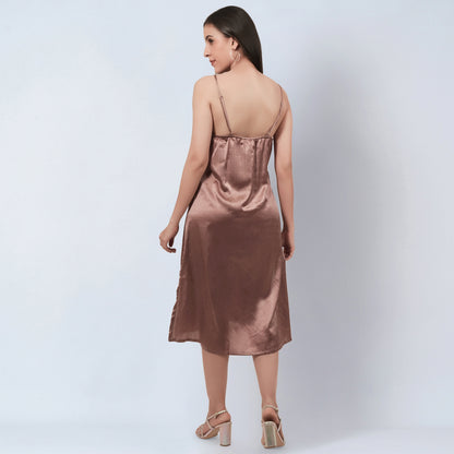 Brown A-Line Dress with Bead Lace Detail with Slip