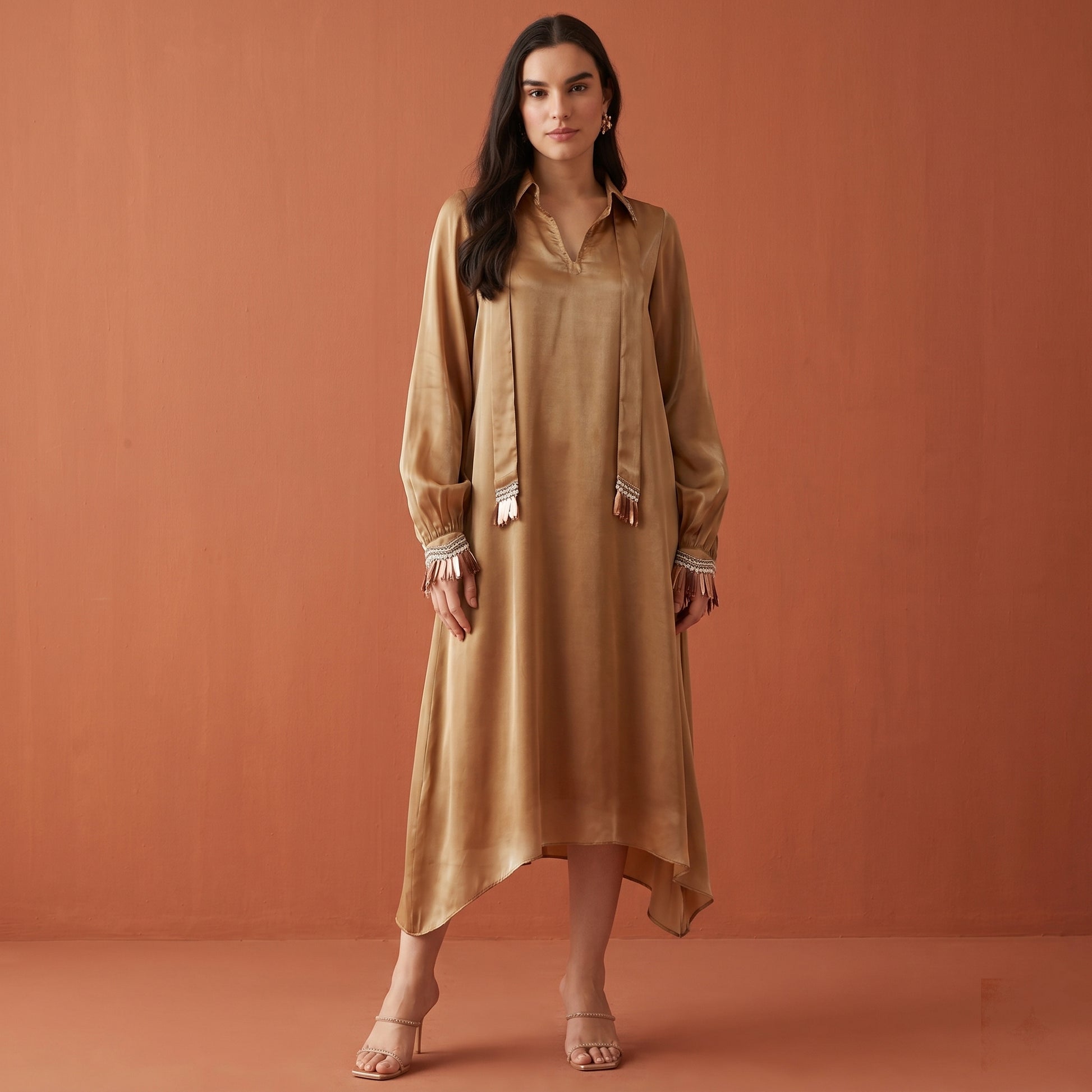 Hazel Brown A-Line Dress with Bead Lace Detail with Slip