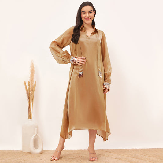 Hazel Brown A-Line Dress with Bead Lace Detail with Slip
